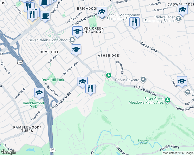 map of restaurants, bars, coffee shops, grocery stores, and more near 4007 Silver Creek Road in San Jose