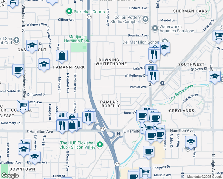 map of restaurants, bars, coffee shops, grocery stores, and more near 456 Pamlar Avenue in San Jose