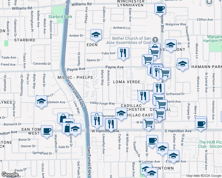 map of restaurants, bars, coffee shops, grocery stores, and more near 1402 Antonio Lane in San Jose