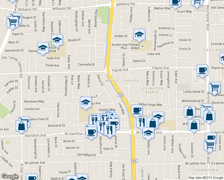 map of restaurants, bars, coffee shops, grocery stores, and more near 1385 San Tomas Aquino Parkway in San Jose