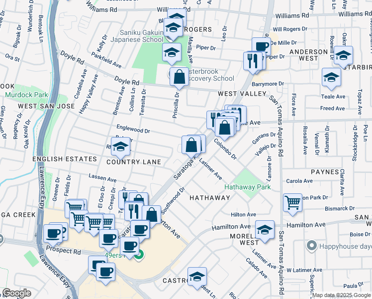 map of restaurants, bars, coffee shops, grocery stores, and more near 1395 Saratoga Avenue in San Jose