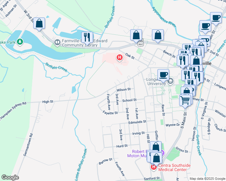 map of restaurants, bars, coffee shops, grocery stores, and more near 1005 High Street in Farmville