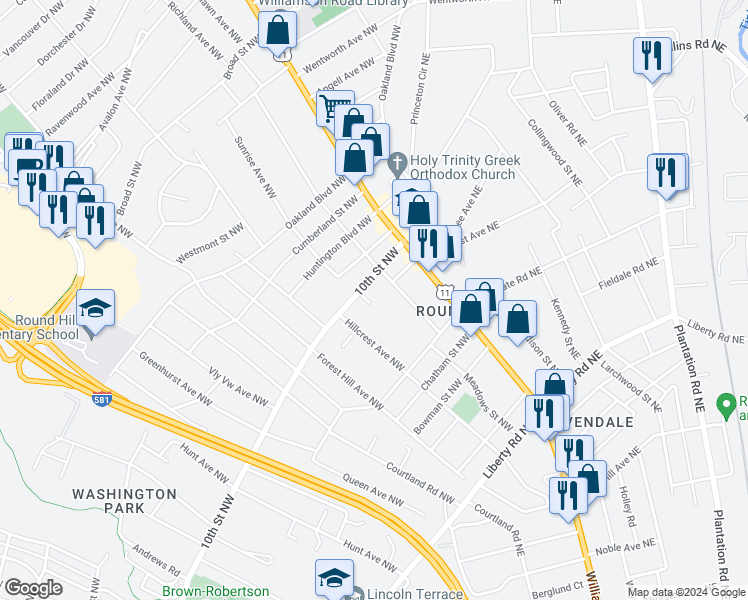 map of restaurants, bars, coffee shops, grocery stores, and more near 2806 10th Street Northwest in Roanoke