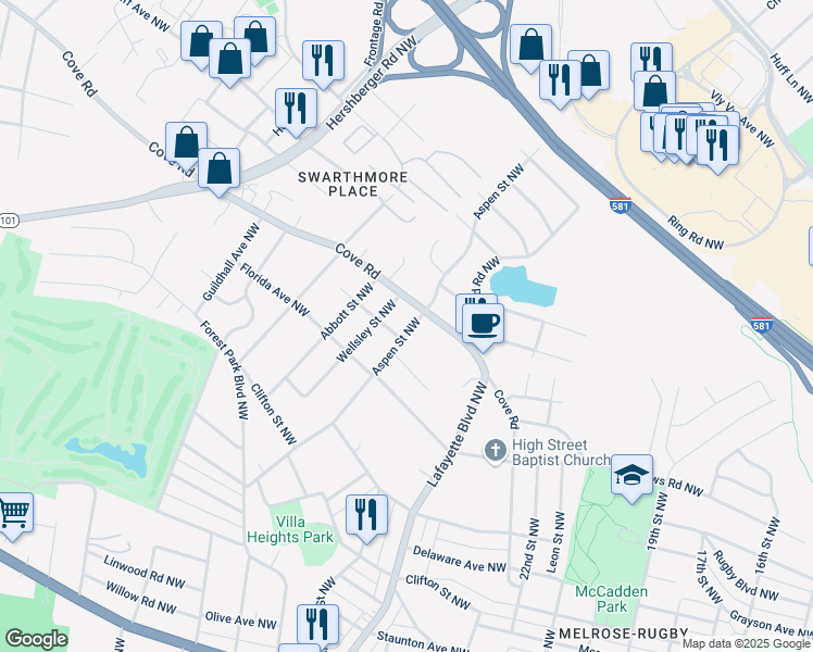 map of restaurants, bars, coffee shops, grocery stores, and more near 1556 Aspen St NW in Roanoke