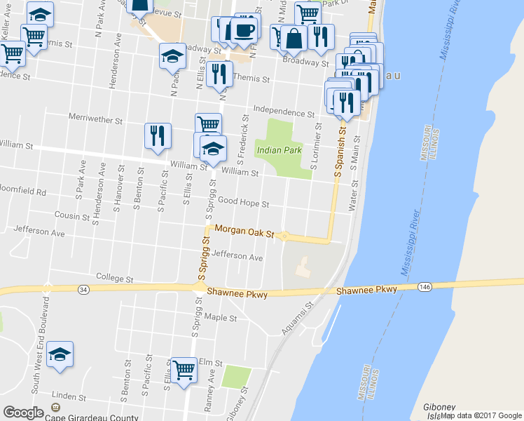 map of restaurants, bars, coffee shops, grocery stores, and more near 316 South Middle Street in Cape Girardeau