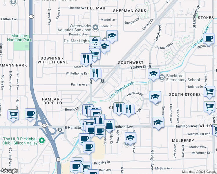 map of restaurants, bars, coffee shops, grocery stores, and more near 2050 Southwest Expressway in San Jose
