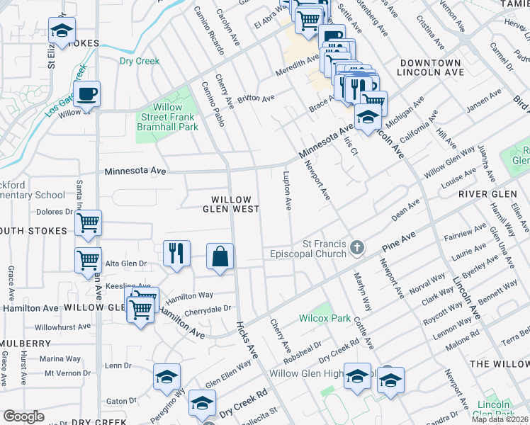 map of restaurants, bars, coffee shops, grocery stores, and more near 1482 Cherry Avenue in San Jose