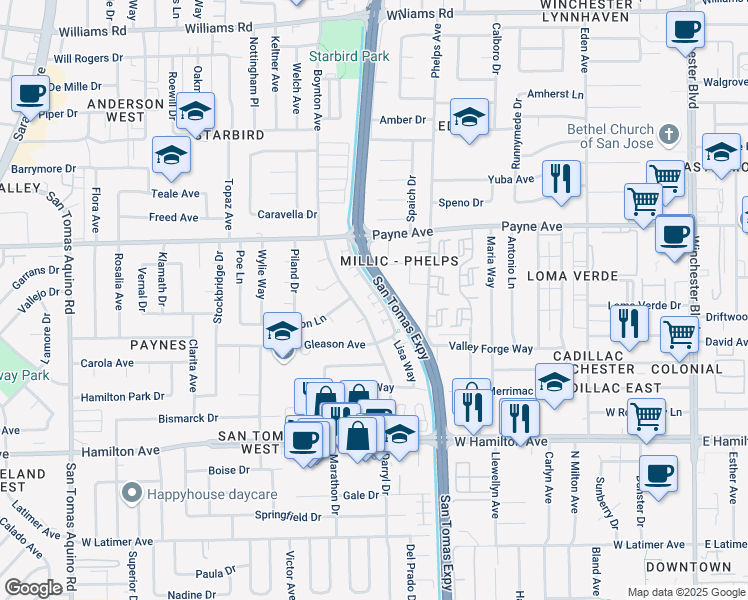 map of restaurants, bars, coffee shops, grocery stores, and more near 1385 San Tomas Aquino Parkway in San Jose