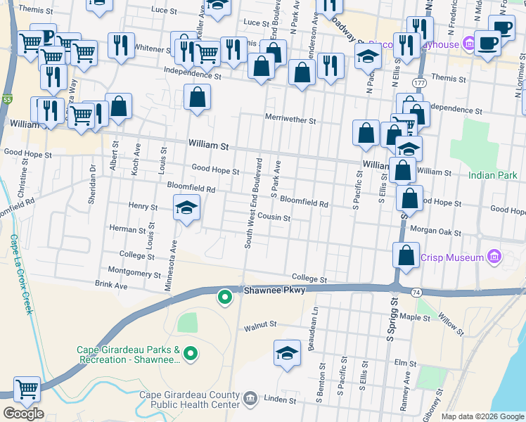 map of restaurants, bars, coffee shops, grocery stores, and more near 1310 Cousin Street in Cape Girardeau