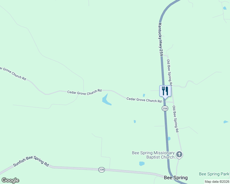 map of restaurants, bars, coffee shops, grocery stores, and more near 1-667 Cedar Grove Church Road in Bee Spring