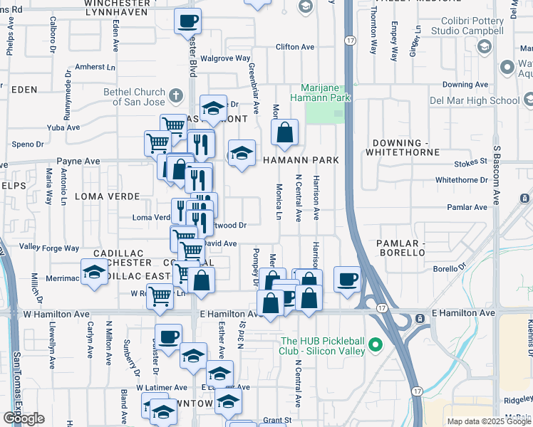 map of restaurants, bars, coffee shops, grocery stores, and more near 2944 Driftwood Drive in San Jose