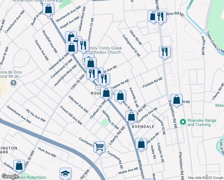map of restaurants, bars, coffee shops, grocery stores, and more near 27 Fugate Road Northeast in Roanoke