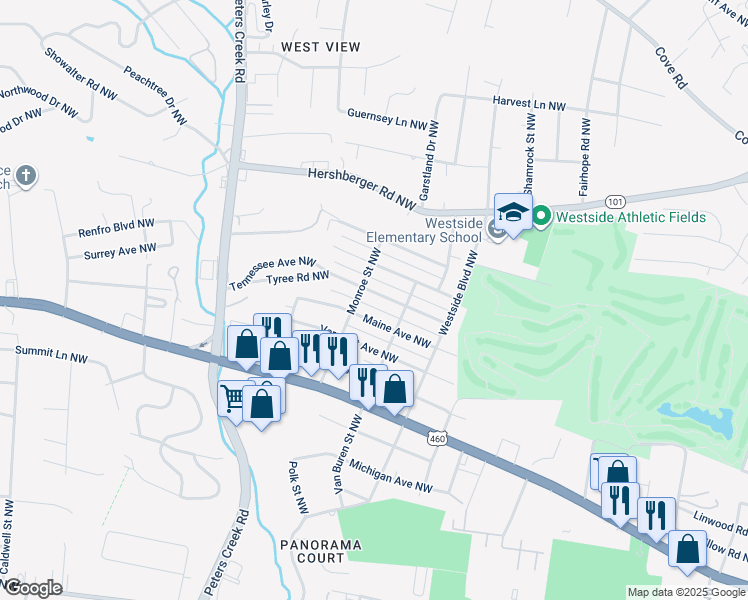 map of restaurants, bars, coffee shops, grocery stores, and more near 4030 Tennessee Avenue Northwest in Roanoke