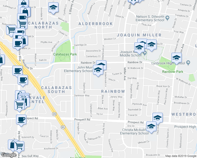 map of restaurants, bars, coffee shops, grocery stores, and more near 6560 Hanover Drive in San Jose
