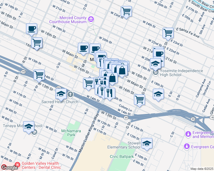 map of restaurants, bars, coffee shops, grocery stores, and more near 360 West 16th Street in Merced