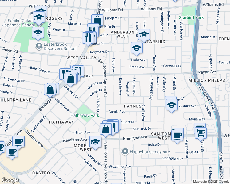 map of restaurants, bars, coffee shops, grocery stores, and more near 1386 Flora Avenue in San Jose