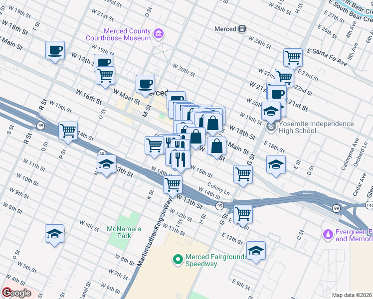 map of restaurants, bars, coffee shops, grocery stores, and more near 360 West 16th Street in Merced