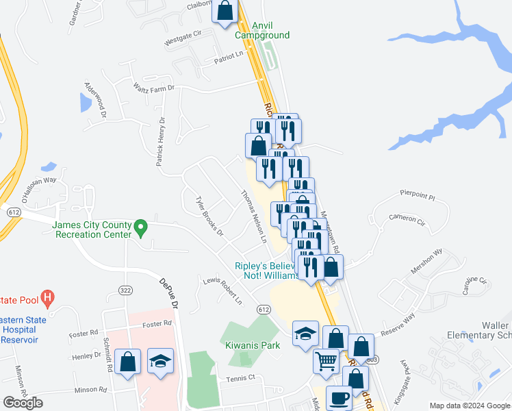 map of restaurants, bars, coffee shops, grocery stores, and more near 220 Thomas Nelson Lane in Williamsburg