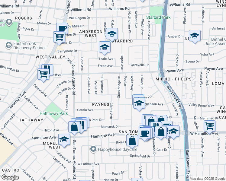 map of restaurants, bars, coffee shops, grocery stores, and more near 3936 Braeburn Court in San Jose