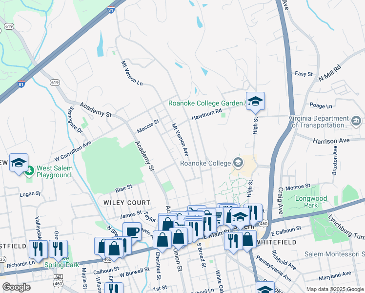 map of restaurants, bars, coffee shops, grocery stores, and more near 429 Mount Vernon Avenue in Salem