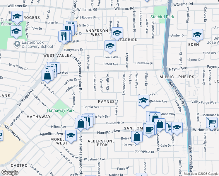 map of restaurants, bars, coffee shops, grocery stores, and more near 1376 Klamath Drive in San Jose
