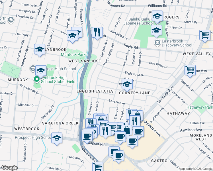 map of restaurants, bars, coffee shops, grocery stores, and more near 5225 Country Ln in San Jose