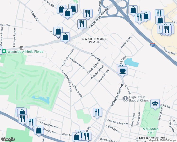 map of restaurants, bars, coffee shops, grocery stores, and more near 2903 Florida Avenue Northwest in Roanoke