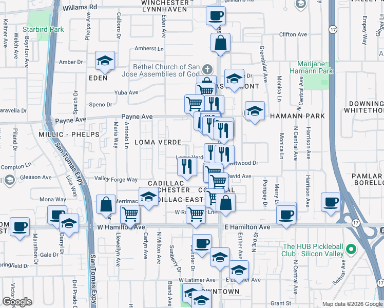 map of restaurants, bars, coffee shops, grocery stores, and more near 3179 Loma Verde Drive in San Jose