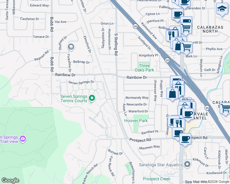 map of restaurants, bars, coffee shops, grocery stores, and more near 7708 Seeber Court in Cupertino