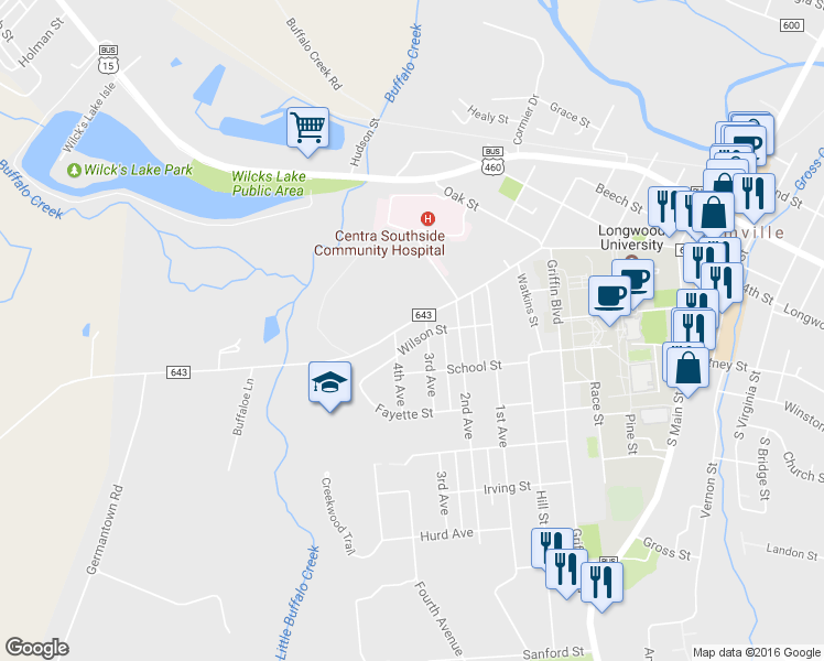 map of restaurants, bars, coffee shops, grocery stores, and more near 1005 High Street in Farmville