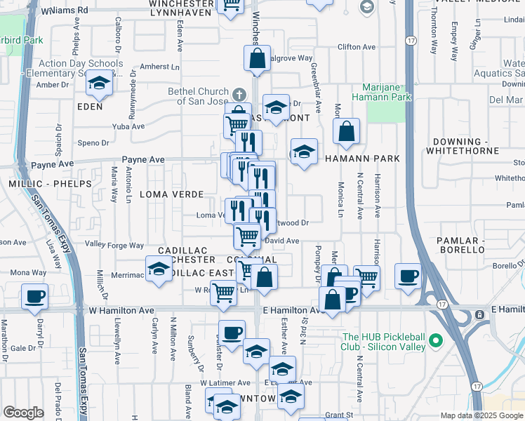 map of restaurants, bars, coffee shops, grocery stores, and more near 1319 South Winchester Boulevard in San Jose