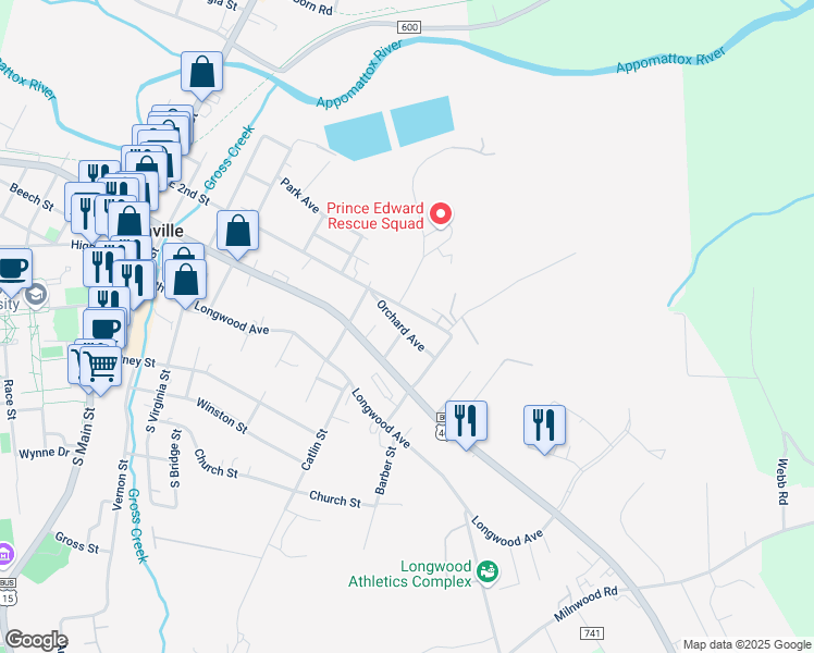 map of restaurants, bars, coffee shops, grocery stores, and more near 801-899 East 2nd Street in Farmville