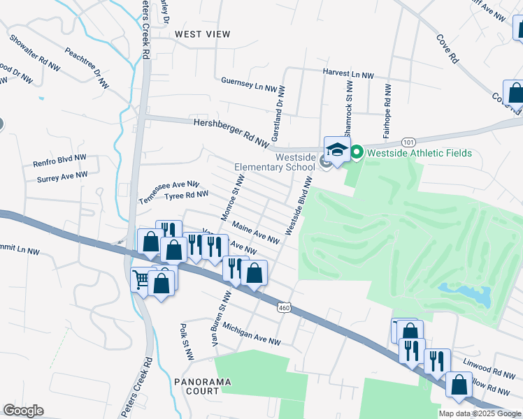 map of restaurants, bars, coffee shops, grocery stores, and more near 4001 Tennessee Avenue Northwest in Roanoke