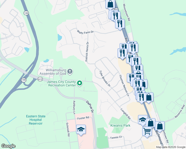 map of restaurants, bars, coffee shops, grocery stores, and more near 208 John Pinckney Lane in Williamsburg