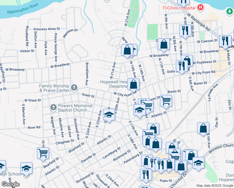 map of restaurants, bars, coffee shops, grocery stores, and more near 2004 West City Point Road in Hopewell