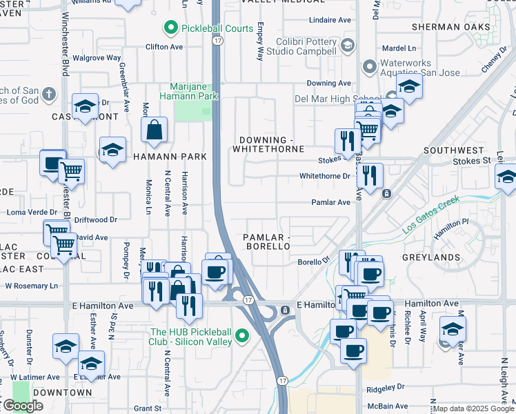 map of restaurants, bars, coffee shops, grocery stores, and more near 456 Pamlar Avenue in San Jose