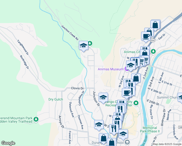 map of restaurants, bars, coffee shops, grocery stores, and more near 2911 Junction Street in Durango