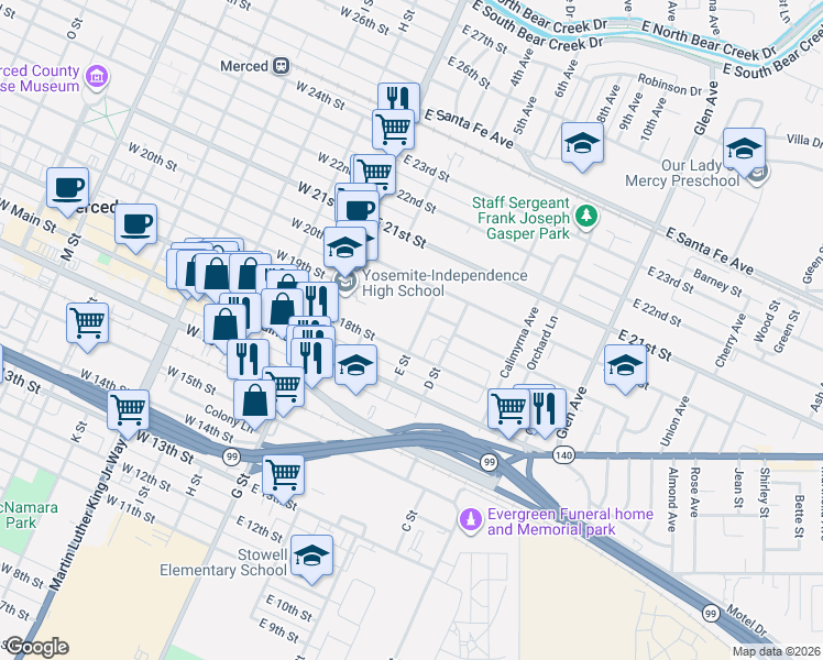 map of restaurants, bars, coffee shops, grocery stores, and more near 1827 E Street in Merced
