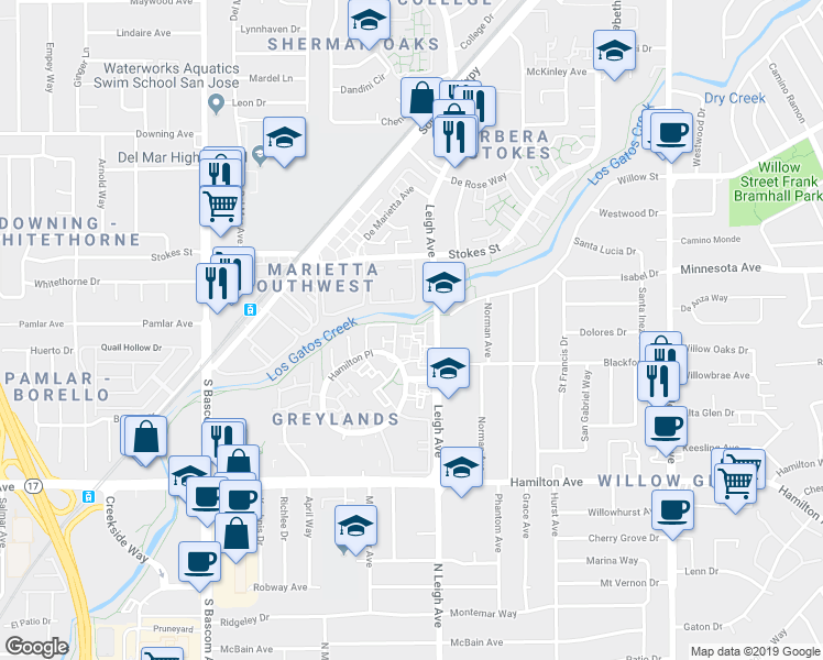 map of restaurants, bars, coffee shops, grocery stores, and more near 1327 Greenwich Court in San Jose