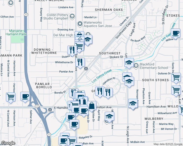 map of restaurants, bars, coffee shops, grocery stores, and more near 2050 Southwest Expressway in San Jose