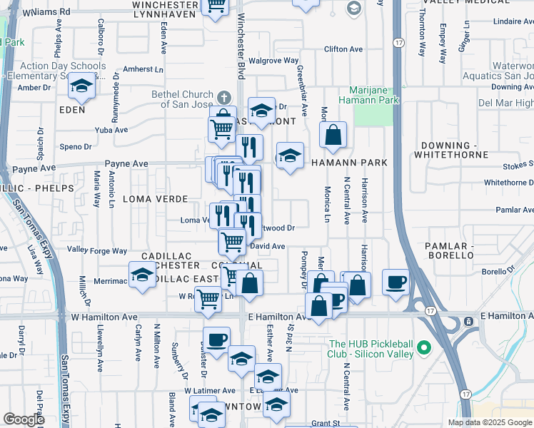 map of restaurants, bars, coffee shops, grocery stores, and more near 1385 Castlemont Avenue in San Jose