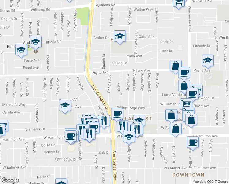 map of restaurants, bars, coffee shops, grocery stores, and more near 1408 Pinehurst Square in San Jose