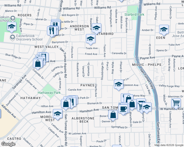 map of restaurants, bars, coffee shops, grocery stores, and more near 1376 Klamath Drive in San Jose