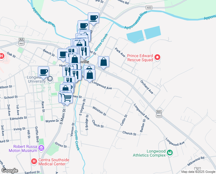 map of restaurants, bars, coffee shops, grocery stores, and more near 538-598 Longwood Avenue in Farmville
