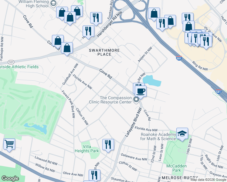 map of restaurants, bars, coffee shops, grocery stores, and more near 1556 Aspen Street Northwest in Roanoke