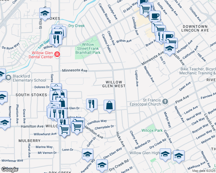 map of restaurants, bars, coffee shops, grocery stores, and more near 1436 Cherry Valley Drive in San Jose
