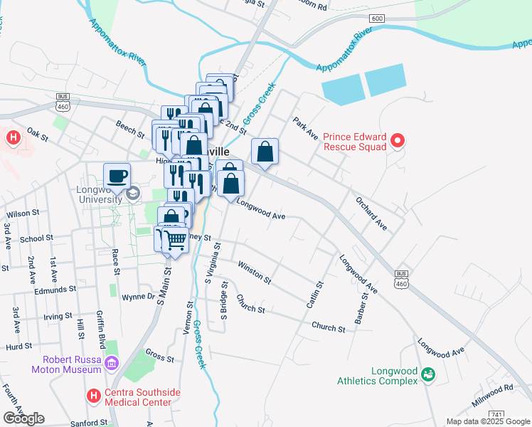 map of restaurants, bars, coffee shops, grocery stores, and more near 467 Longwood Avenue in Farmville