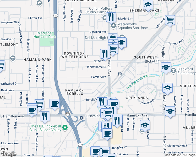 map of restaurants, bars, coffee shops, grocery stores, and more near 630 Pamlar Avenue in San Jose