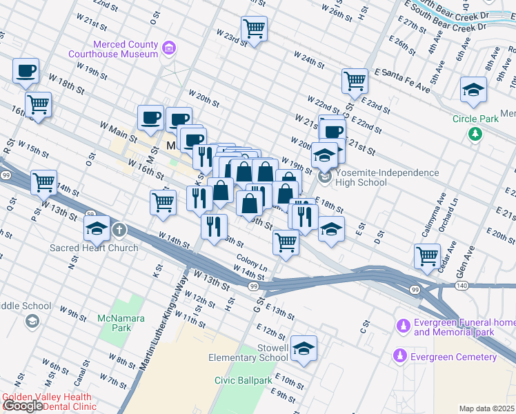map of restaurants, bars, coffee shops, grocery stores, and more near 140 West Main Street in Merced