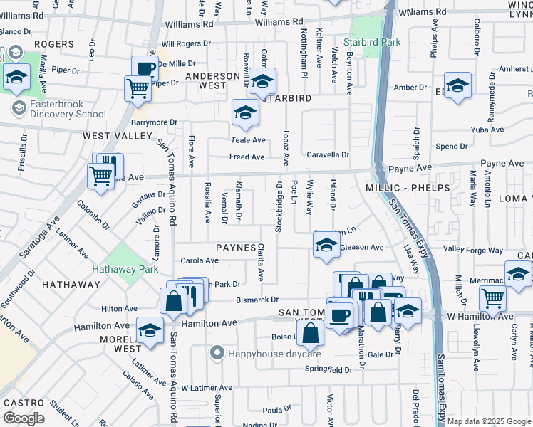map of restaurants, bars, coffee shops, grocery stores, and more near 3936 Braeburn Court in San Jose